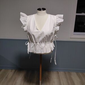 En Saison White Ruffle Sleeve V-Neck Drawstring Peplum Top